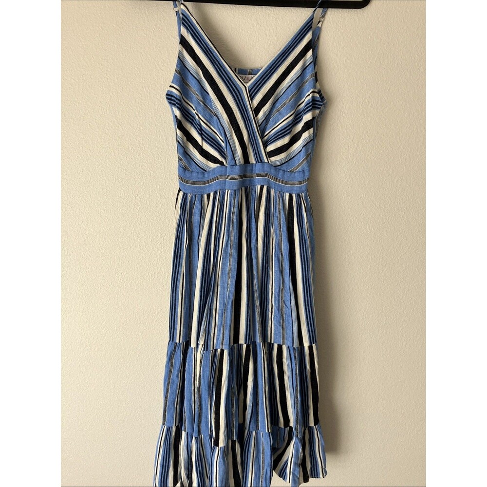 Joy Joy Blue Striped Tiered Sun Dress Boho Cottage Midi Dress Lined Medium - Picture 6 of 7
